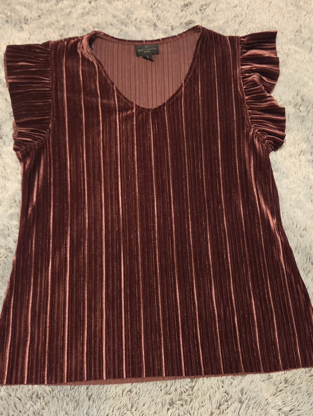 Velvet Ribbed Flutter Sleeve Top - Brownish Burgundy Sz PS